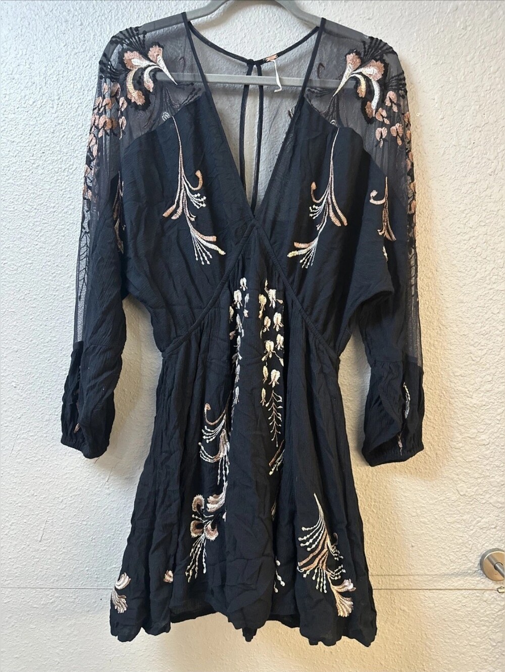 Black Embroidered Mesh Sleeve Dress with Cream & Blush Floral Accents